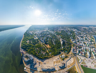 Cheboksary, Russia. Panorama of the city from the air. Volga River. Sunny day. Aerial view