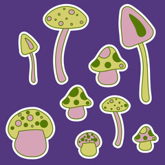 Set stickers with different green and pink mushrooms with a dark stroke in hippie style