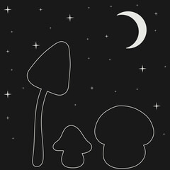 Sticker, postcard, icon with white one line mushrooms on dark background with moon and stars.