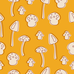 Seamless pattern with line mushrooms in warm yellow colors in hippie style.