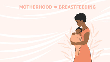 Banner about breastfeeding and motherhood. Woman and baby with dark skin and hair. Tips for breastfeeding mothers. Different data, informations about breastfeeding. Vector illustration.