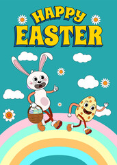 Vintage Happy Easter poster Trendy Easter Groovy 1970 style with bunny, flowers, egg, rainbow