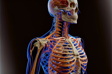 Human body anatomy, skeleton, neon color, on a black background - obrazy, fototapety, plakaty
