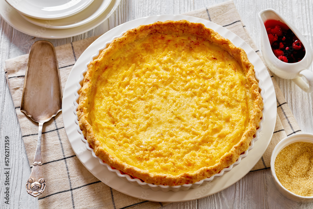 Sticker classic chess pie in baking dish, top view