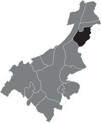 Black flat blank highlighted location map of the DESTELDONK MUNICIPALITY inside gray administrative map of GHENT, Belgium