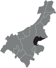 Black flat blank highlighted location map of the SINT-AMANDSBERG MUNICIPALITY inside gray administrative map of GHENT, Belgium
