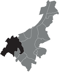 Black flat blank highlighted location map of the DRONGEN MUNICIPALITY inside gray administrative map of GHENT, Belgium