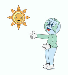 Funny planet and sun in trendy retro cartoon style. Thumbs up hand gesture Earth Day and World Environment Day design element  Vector illustration, Isolated on white background 