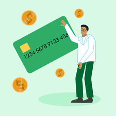 A man with a bank card and coins with a dollar symbol. The concept of financial transactions, banking system. Flat vector illustration