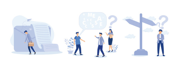 Layoff email sending to employee  to inform job dismissed, Jargon complicated conversation, Choosing between 2 choices, set flat vector modern illustration