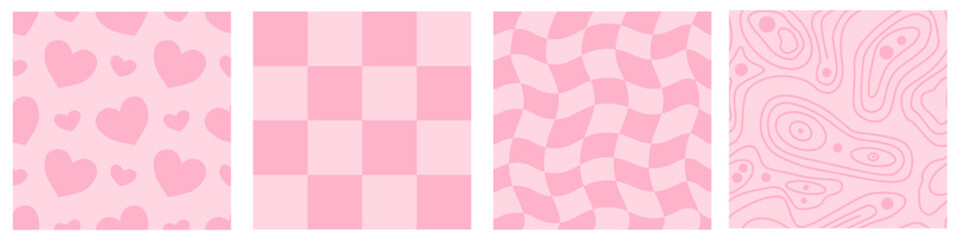 Set of pink groovy background. Happy love retro print. Romantic happy valentine seamless pattern