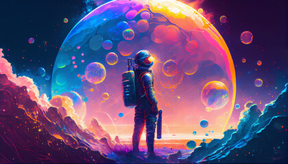 Naklejka premium a digital artwork of beautiful painting of an astronaut in a colorful bubble