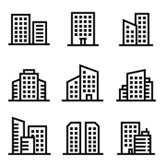 set of building icons, such as city, apartment, condominium, town