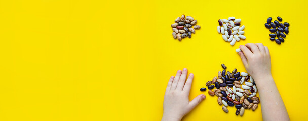 Colorful beans on a yellow background. The child sorts the seeds of dry beans by color. Child development. Sensory games for the development of fine motor skills. Montessori