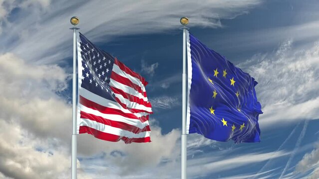 Video of US and EU flags flying in the sky with a rainbow, at 4K 60fps resolution.