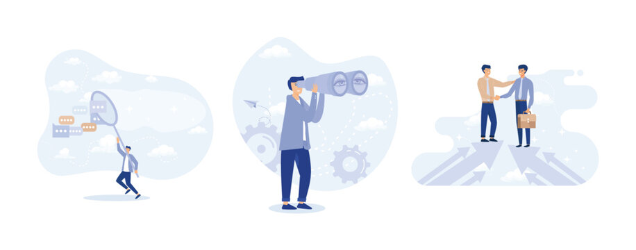 Requirement gathering, Observation, search for opportunity, Cooperation partnership, set flat vector modern illustration
