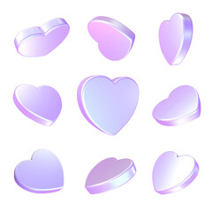 3d heart icon of a soft purple color. Different angles. 3d illustration