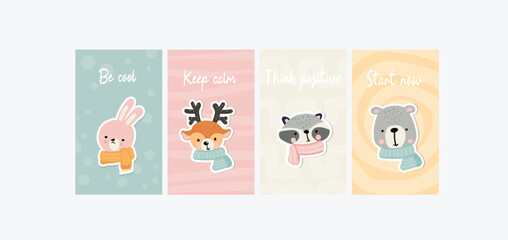 Four motivational card for kids in scandinavian childish style. Animal cartoon illustration for print or nursery.