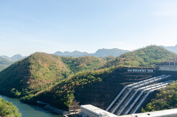 Landscape view of The Srinagarind Dam or the Srinakarin Dam in Si Sawat District, Kanchanaburi Province, Thailand.
