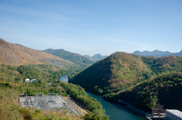 Fototapeta na wymiar Landscape view of The Srinagarind Dam or the Srinakarin Dam in Si Sawat District, Kanchanaburi Province, Thailand.