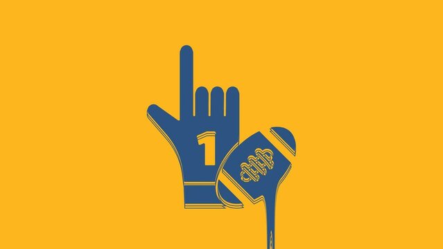 Blue Number 1 one fan hand glove with finger raised and american football ball icon isolated on orange background. Set of sport equipment. 4K Video motion graphic animation