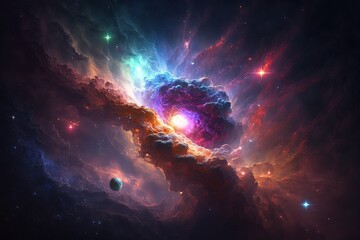 Fototapeta na wymiar Abstract space endless nebula galaxy background. Star system, gravity, astronomy, black hole, high resolution, art, generative artificial intelligence