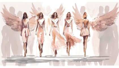 lingerie fashion show, models with wings walking on a catwalk in a row, abstract watercolor illustration, Generative AI