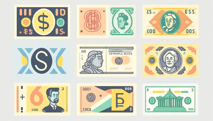 Money bills and coins, flat lay, generative AI.