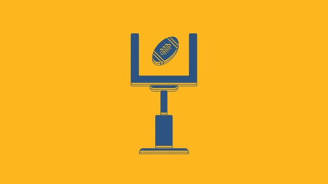 Blue American football goal post and football ball icon isolated on orange background. 4K Video motion graphic animation
