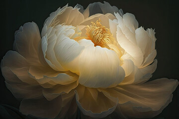 Blooming bright gold white peony flower with translucent petals, generative AI