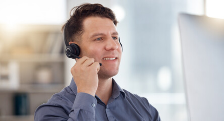 Business man, call center and computer with headset mic for consulting in telemarketing, customer service or support. Happy male consultant or agent smiling in contact us for online help or advice