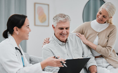 Nurse, healthcare and planning with a senior couple in their home, talking to a medicine professional. Medical, insurance or life cover with a mature man and woman meeting a medicine professional