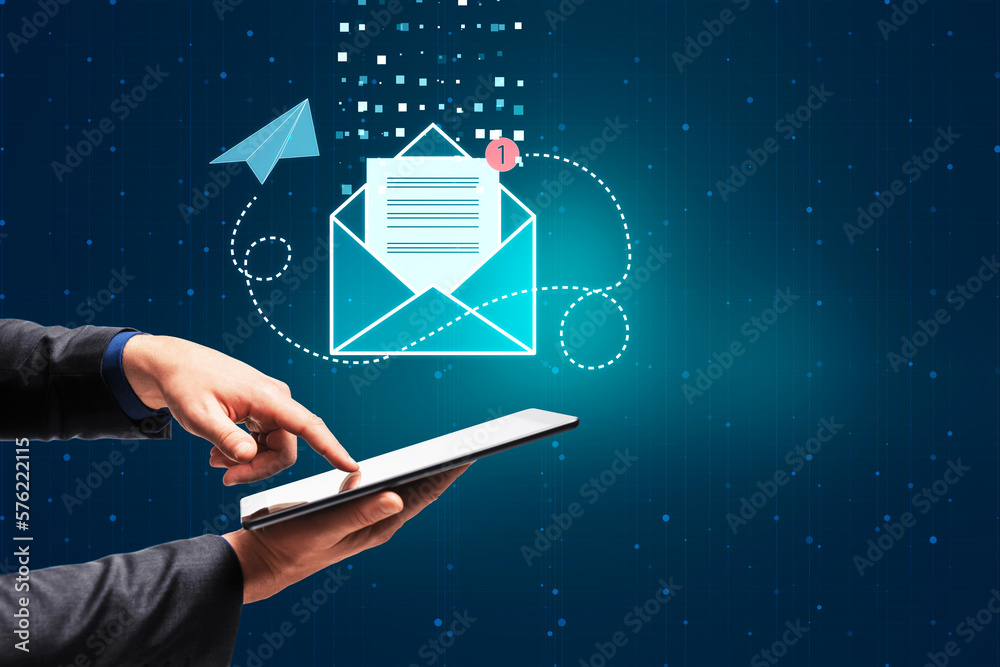 Poster mailbox application, business communication and newsletter marketing concept with blue envelope, not