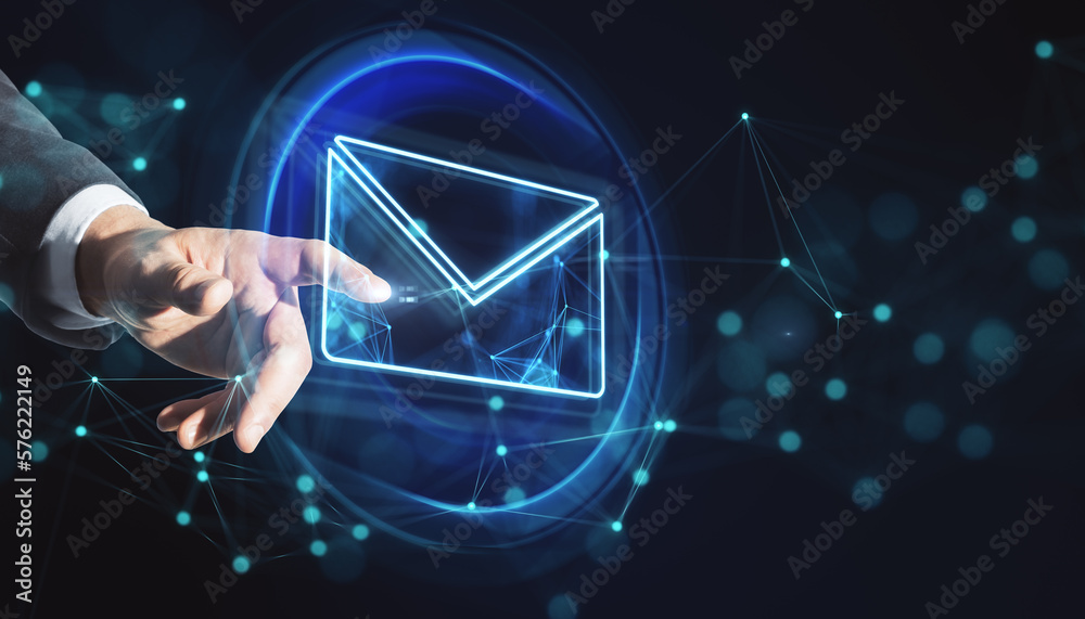 Aufkleber Online communication and information concept with man finger pushing digital button in form of envelope on virtual touch screen on abstract dark background with blurred dots