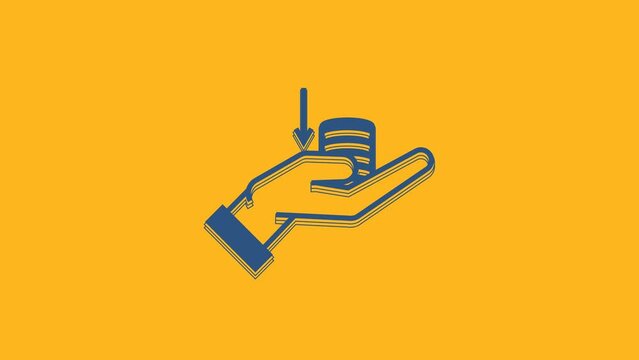 Blue Money on hand icon isolated on orange background. Palm holds cash with down. Cash salary decrease. 4K Video motion graphic animation