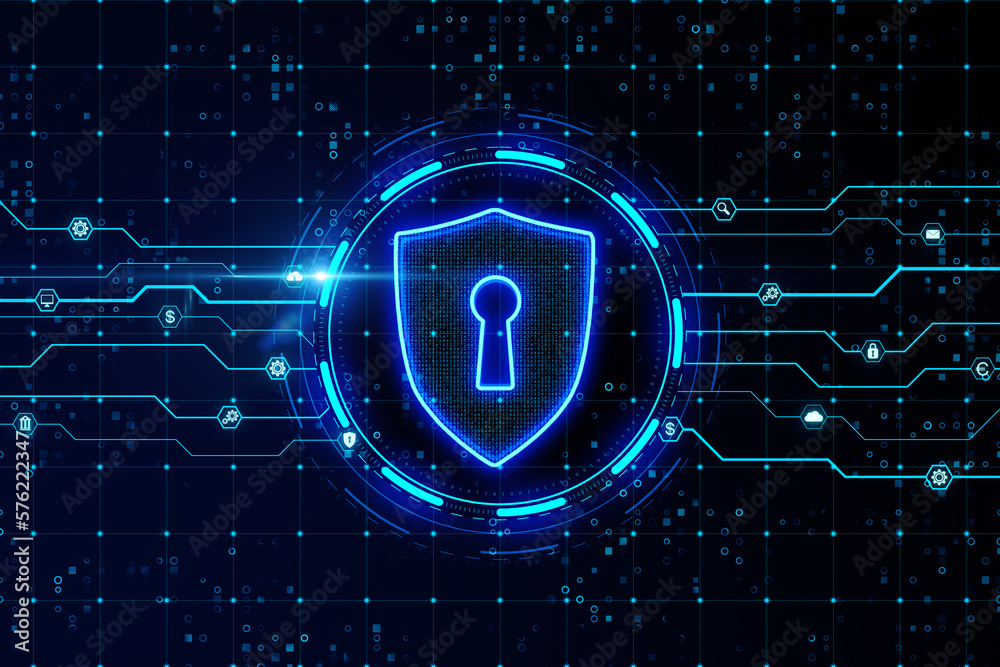 Aufkleber Internet privacy or cyber protection concept with digital blue shield and keyhole in a circle on abstract dark technological background with circuit scheme. 3D rendering