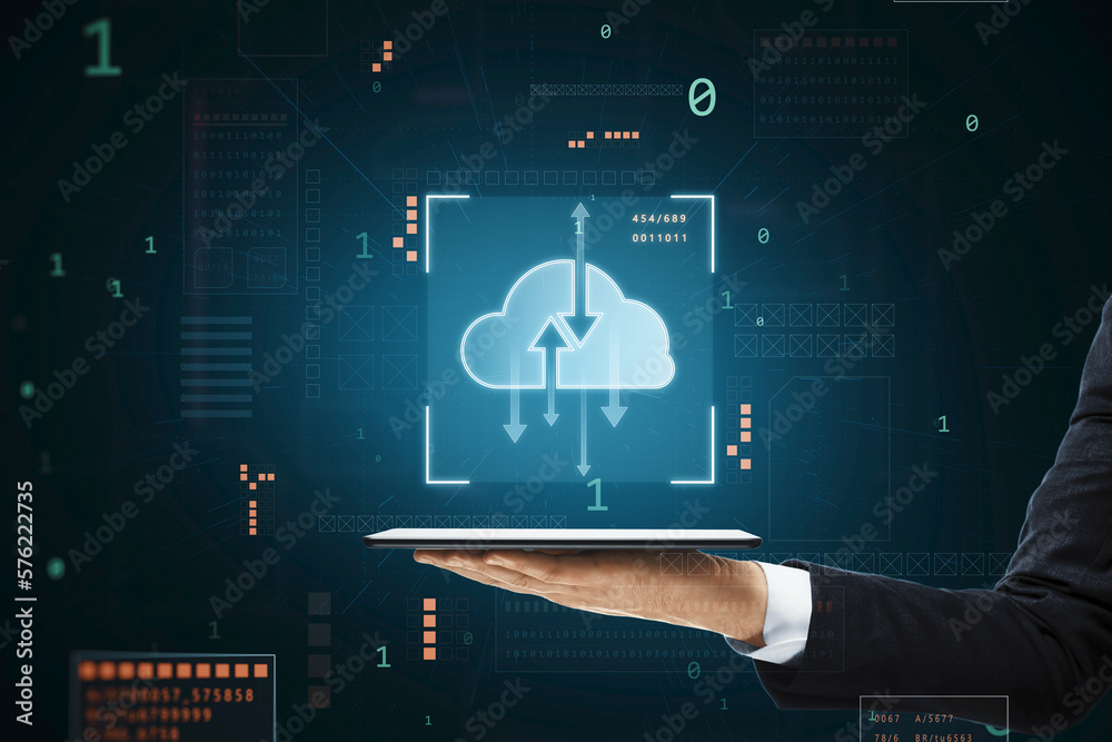 Aufkleber Mobile application for information exchange online and storage data concept with blue cloud symbol with arrows inside on virtual frame above man hand with digital tablet on abstract dark background