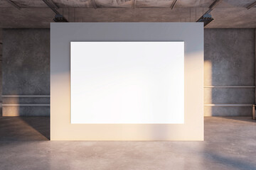 Front view on big blank white poster with space for your text or advertising logo on sunlit beige partition in empty concrete hall with water pipes on background. 3D rendering, mock up