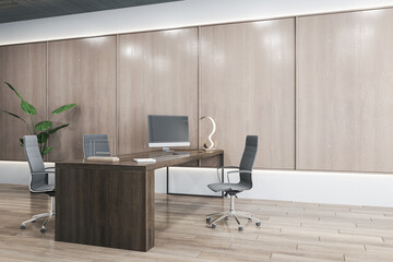 Bright wooden office interior with furniture. 3D Rendering.