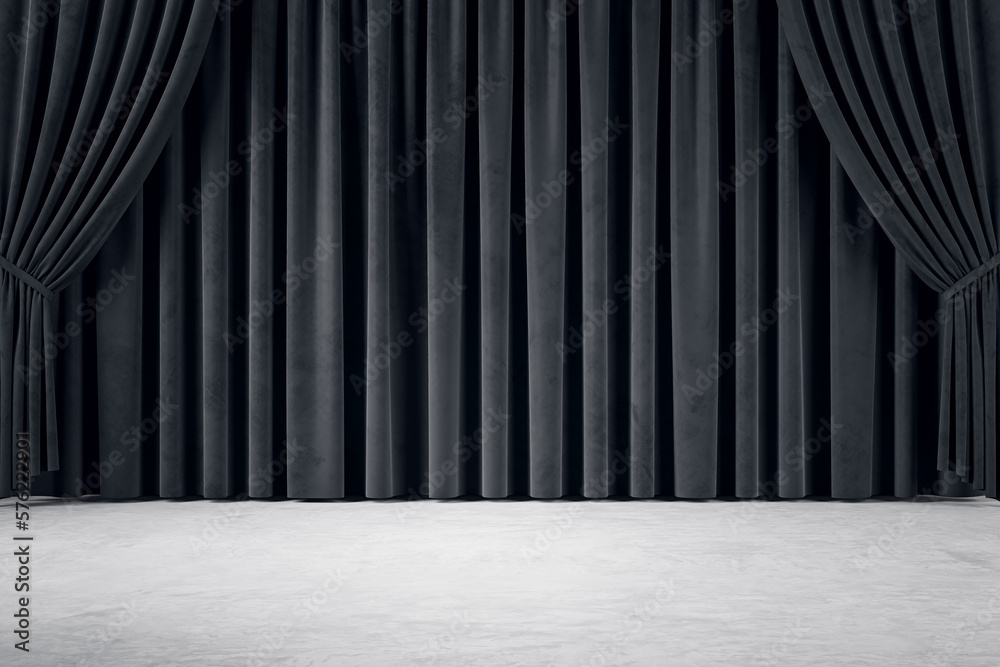 Aufkleber Front view on empty light concrete floor with place for your product presentation on black backstage curtain background. 3D rendering, mockup