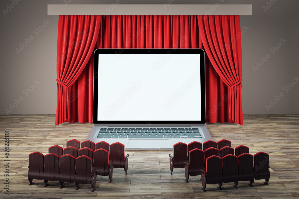 Poster online cinema concept with front view on blank white huge modern laptop monitor with place for your 