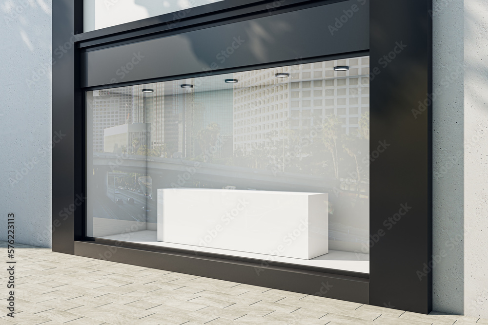 Poster Perspective view on blank podium on empty shop window background with place for your product presentation behind glass walls with city reflection in modern building outdoors. 3D rendering, mock up