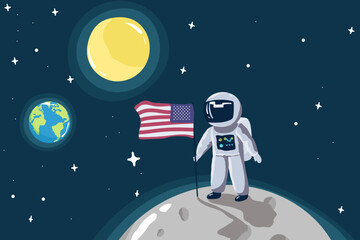 Cute little astronaut stand on the moon with USA flag.Space mission. Childish vector illustration