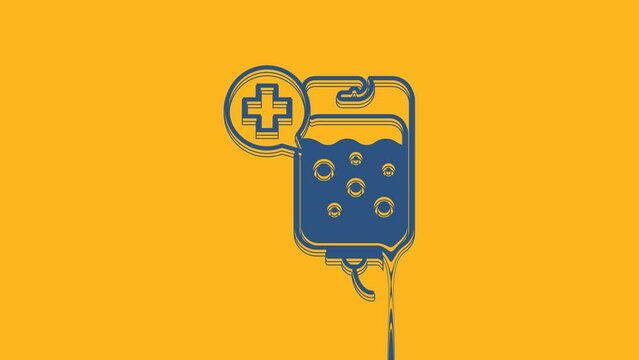 Blue IV bag icon isolated on orange background. Blood bag icon. Donate blood concept. The concept of treatment and therapy, chemotherapy. 4K Video motion graphic animation