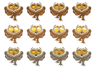Owl flapping its wings with different facial expressions. Iconic color illustration.