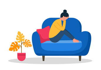 Sad woman crying on sofa in flat design on white background.