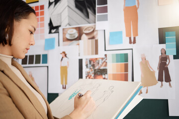 Fashion designer, planning and woman drawing creative sketch, color and ideas from moodboard....