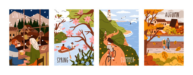 Four seasons cards set. Landscape posters with people, couples on winter, spring, summer, fall and autumn holidays. Happy characters walk, travel, relax in nature, park. Flat vector illustrations