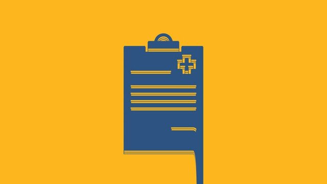 Blue Medical clipboard with clinical record icon isolated on orange background. Health insurance form. Prescription, medical check marks report. 4K Video motion graphic animation