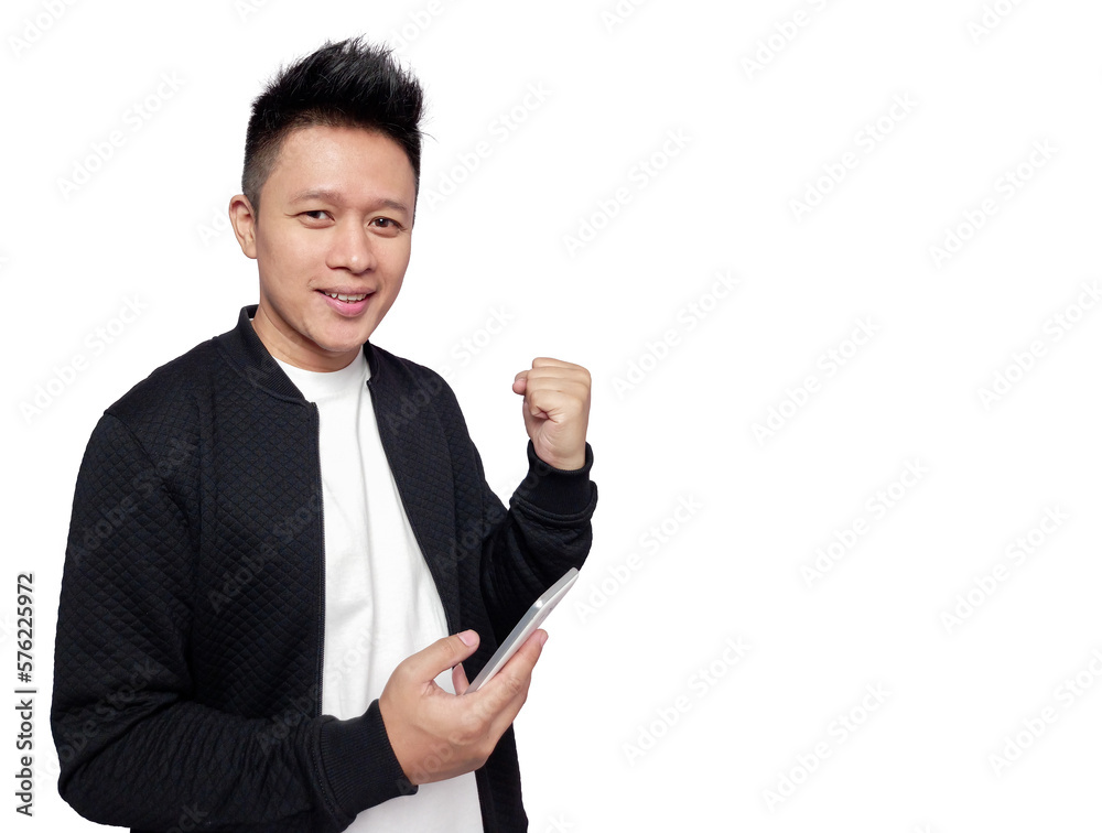 Canvas Prints handsome man holding mobile phone in successful gesture.